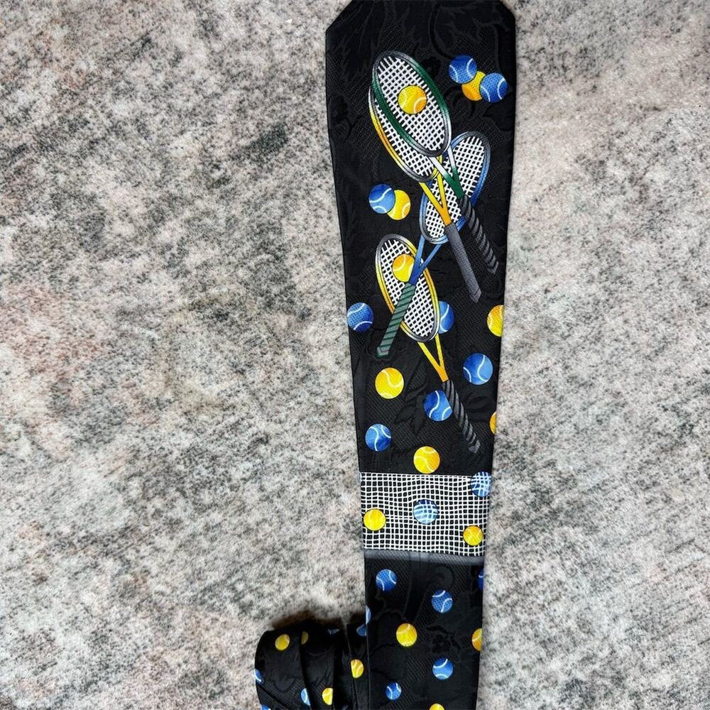 Fratello Men's Black Tie Tennis Racquets & Balls Design Handmade